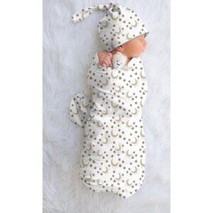 Personalized Moon and Stars Baby Boy Swaddle Blanket Set Breathable, Soft White